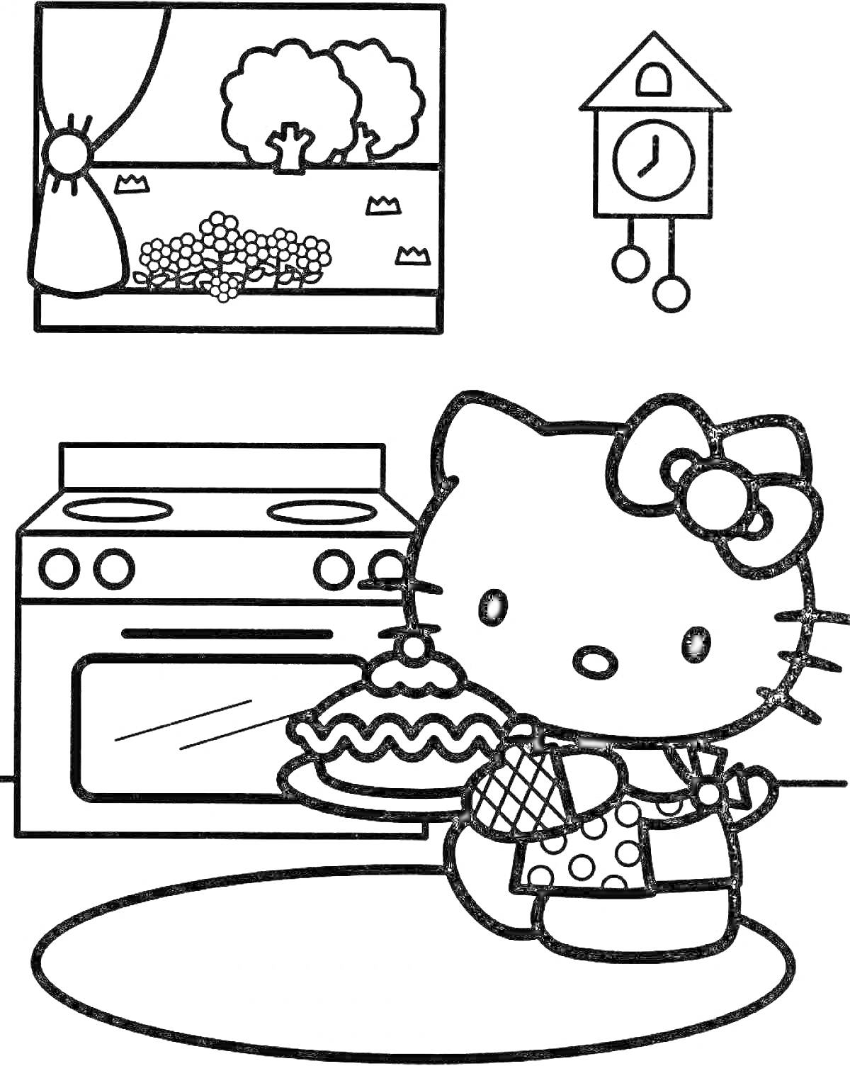 РаскраскаХелло Китти в кухне с пирогом, плита, окно с занавеской и деревьями, настенные часы в виде домика