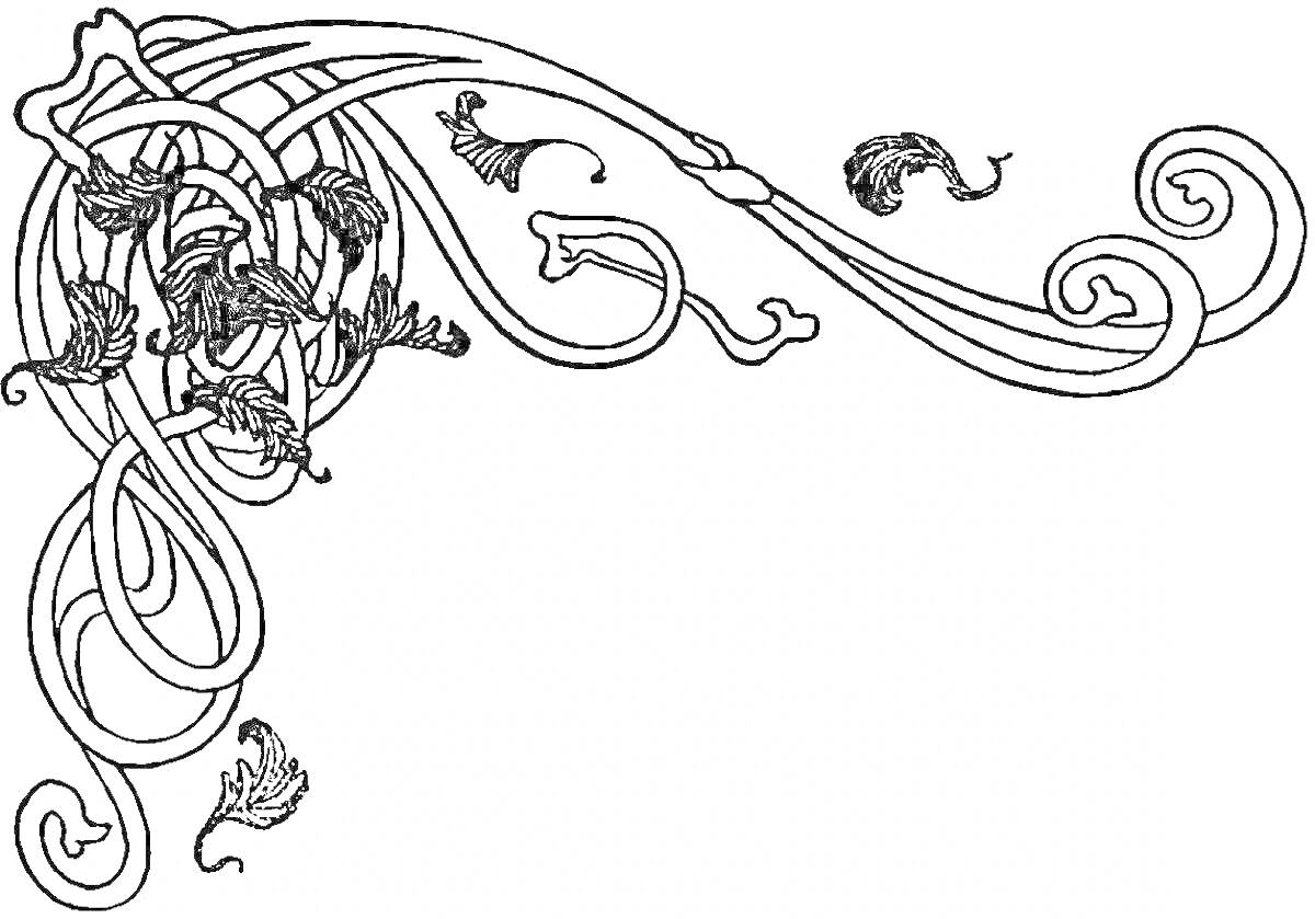 Раскраска Вензель с витиеватыми линиями и листьями