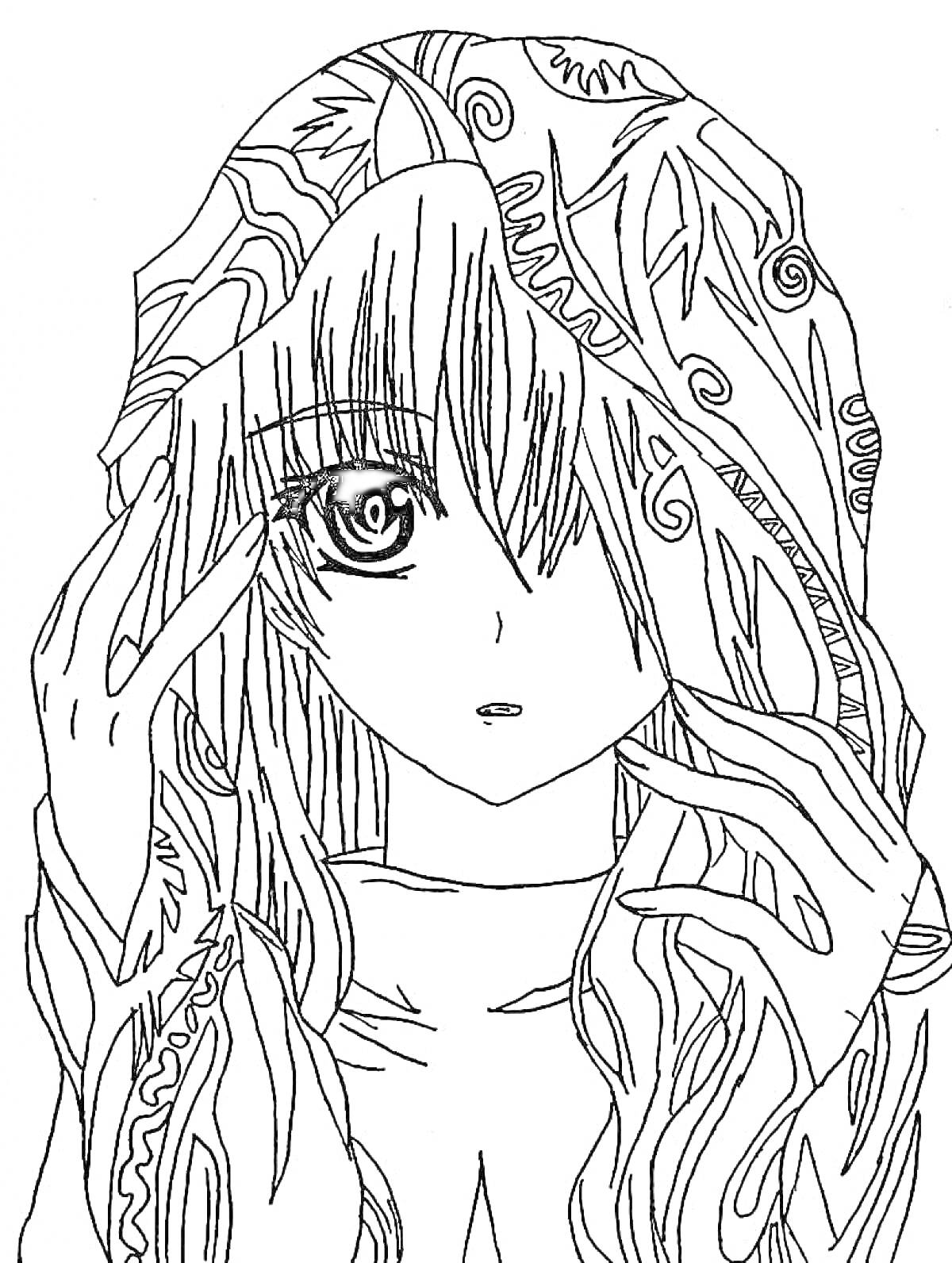 Раскраска Девочка аниме с длинными волосами и капюшоном, украшенным узорами