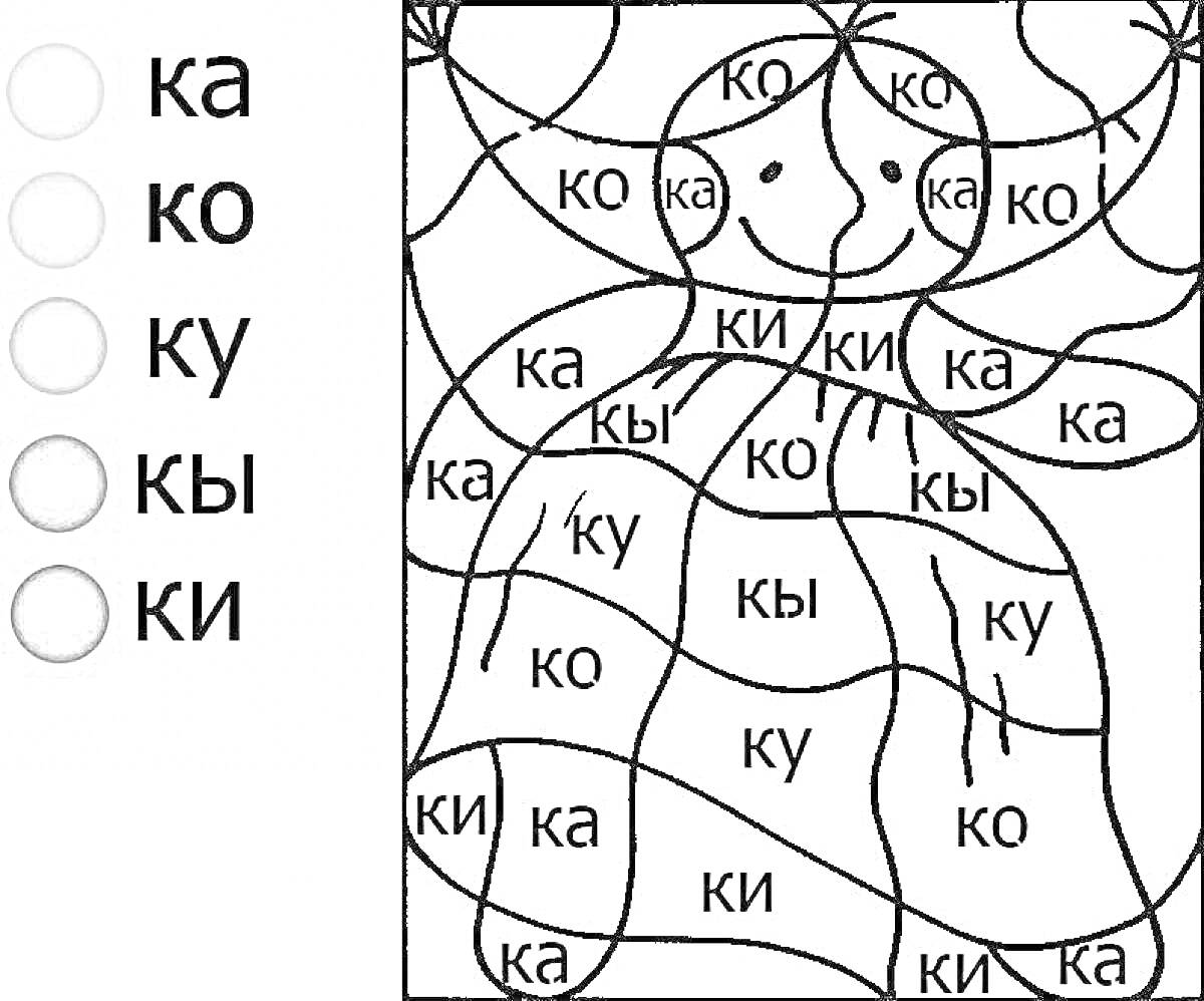 Раскраска Раскраска с изображением фигурки с волосами, улыбкой и платьем, раскрашиваемой по слогам ка, ко, ку, кы, ки