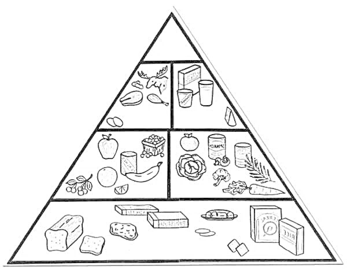 На раскраске изображено: Овощи, Молочные продукты, Мясо, Рыба, Фрукты, Злаки, Масло, Хлеб, Еда, Питание, Здоровье