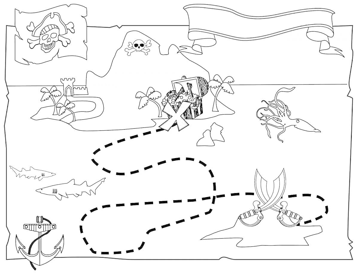 Раскраска Карта квеста с островом, сундуком, пальмами, замком, морскими обитателями и пиратской символикой