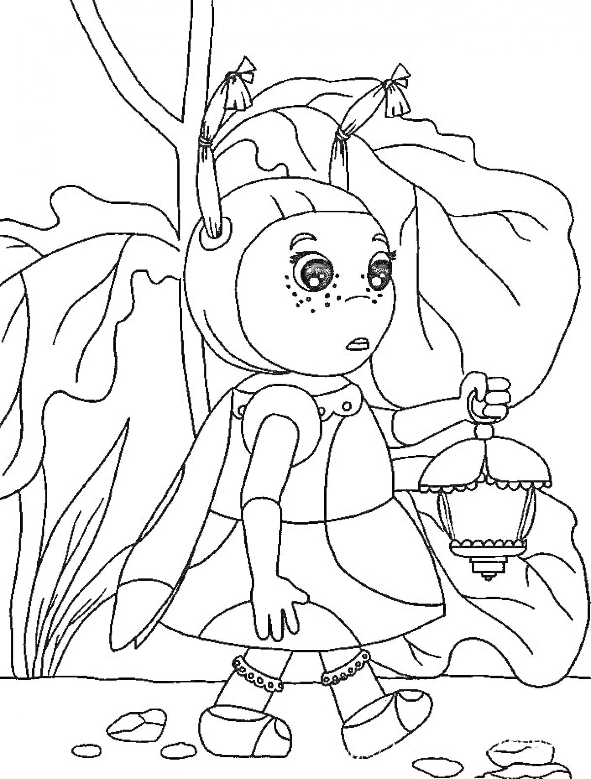 Раскраска Девочка-божья коровка с фонариком идет по лесу