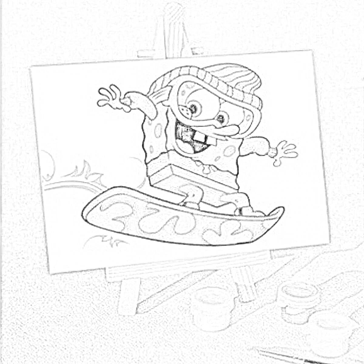 Раскраска Спанч Боб на снегобордическом спуске