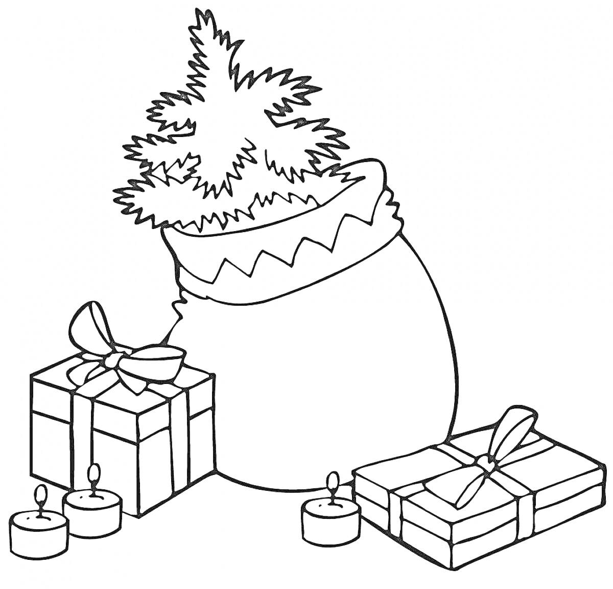На раскраске изображено: Подарки, Свечи, Новый год, Рождество, Праздничный декор, Елки, Мешки