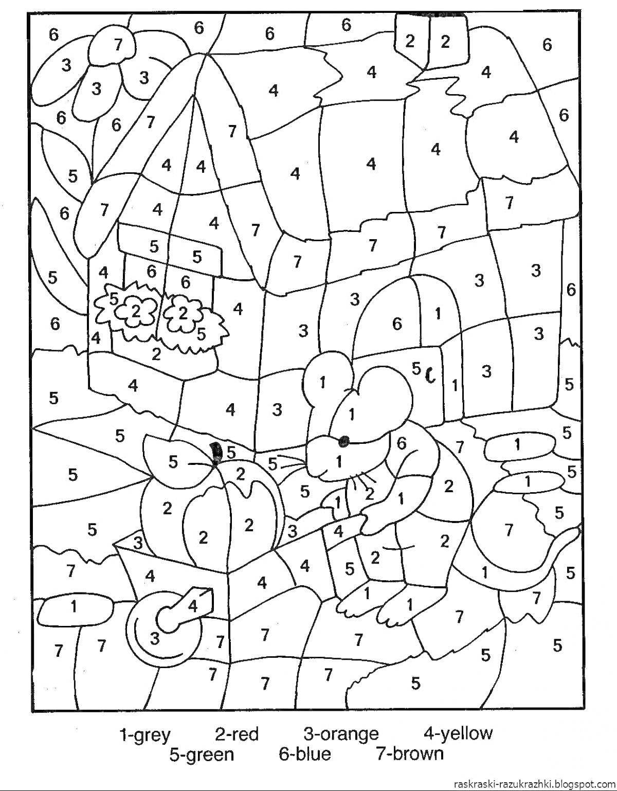 Раскраска Мышка у домика с цветами и фруктами