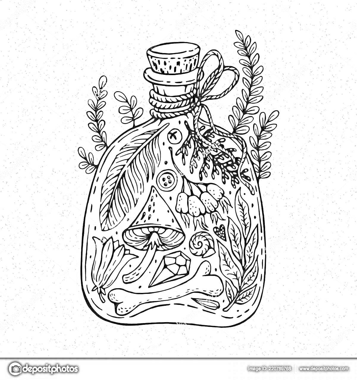 Раскраска Бутылка с зельем, содержащая перо, весы, кристалл, листья, гриб, цветок, кость, веточки