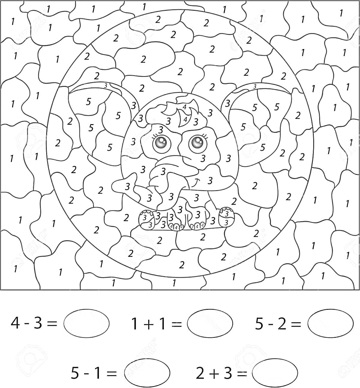 Раскраска Раскраска по номерам с изображением слона, математические примеры для определения цветов