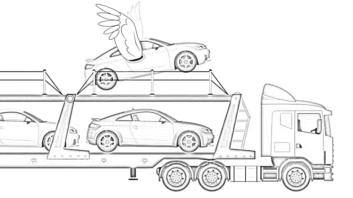 Раскраска Автовоз с тремя автомобилями, один из которых с крыльями