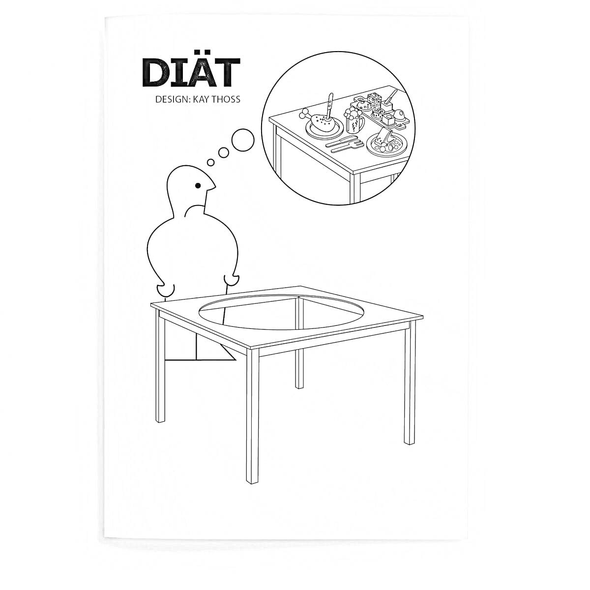 Раскраска Инструкция по сборке ИКЕА стола с круглым отверстием и мыслящим человеком