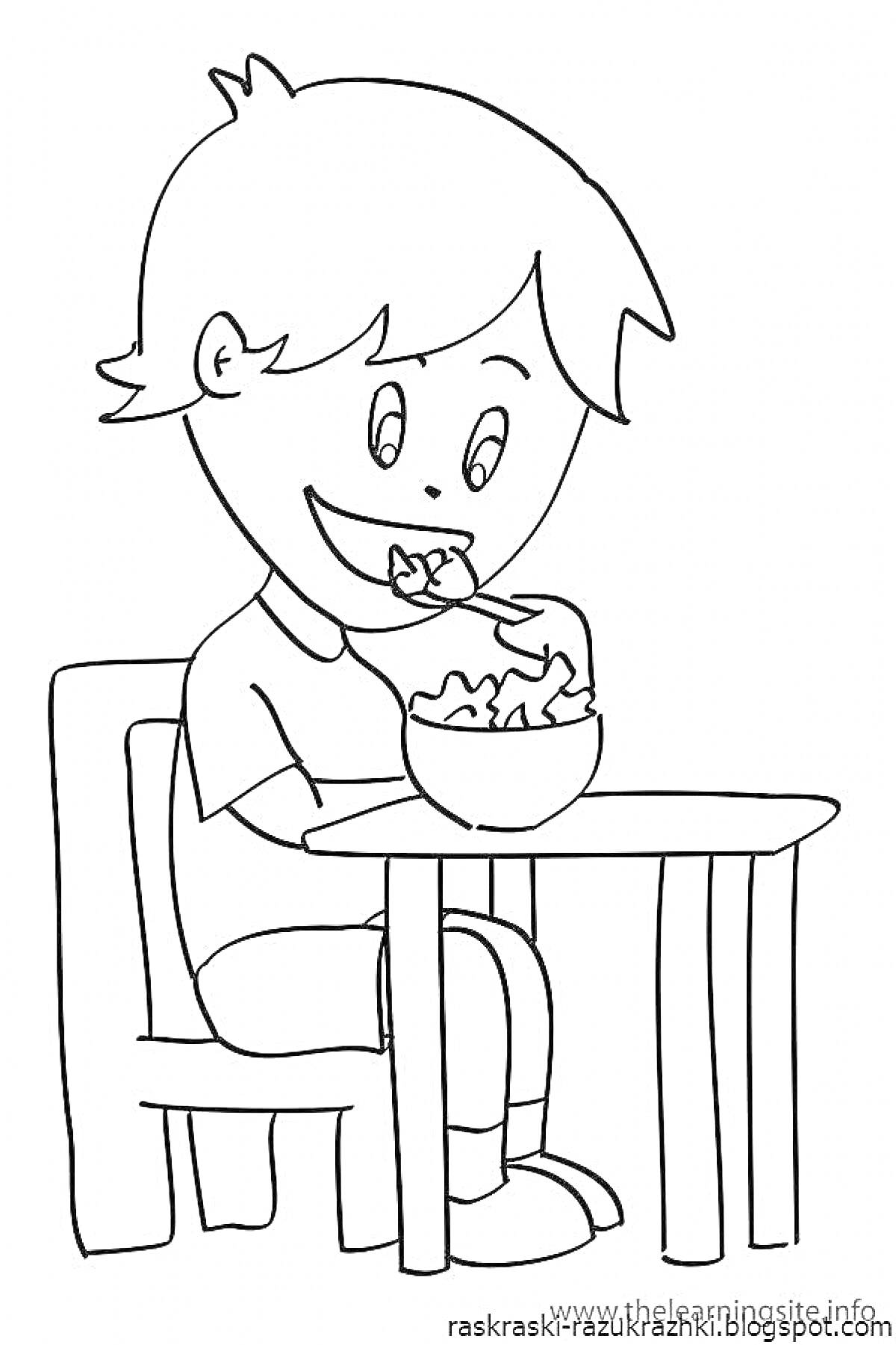 Раскраска ребенок ест хлопья за столом