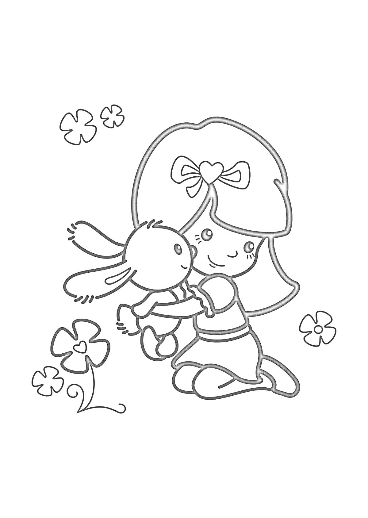 На раскраске изображено: Девочка, Заяц, Объятия, Бант, Дружба, Цветы