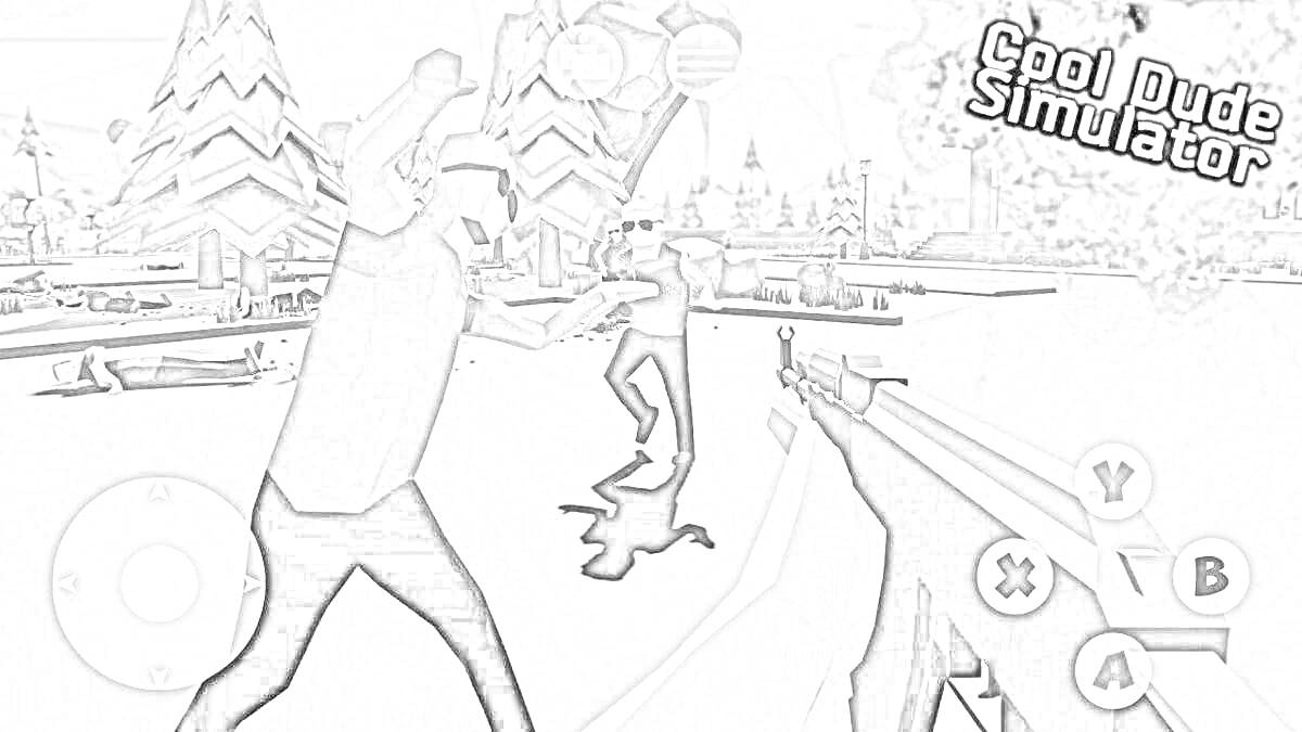 Раскраска Симулятор крутого чувака - игровой персонаж с оружием, деревья, множество других персонажей