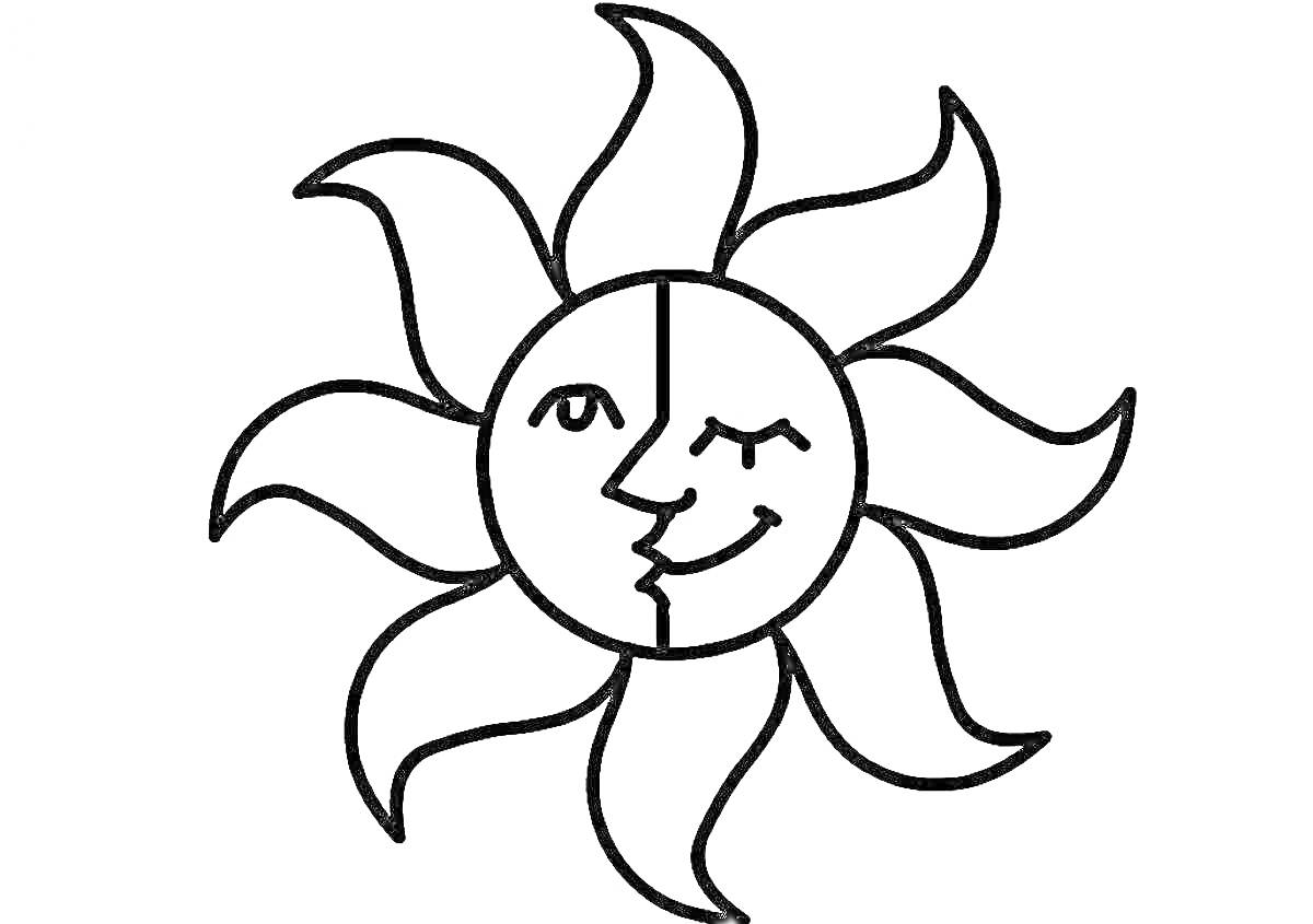 Солнышко с улыбающимся лицом, рисунок для раскраски