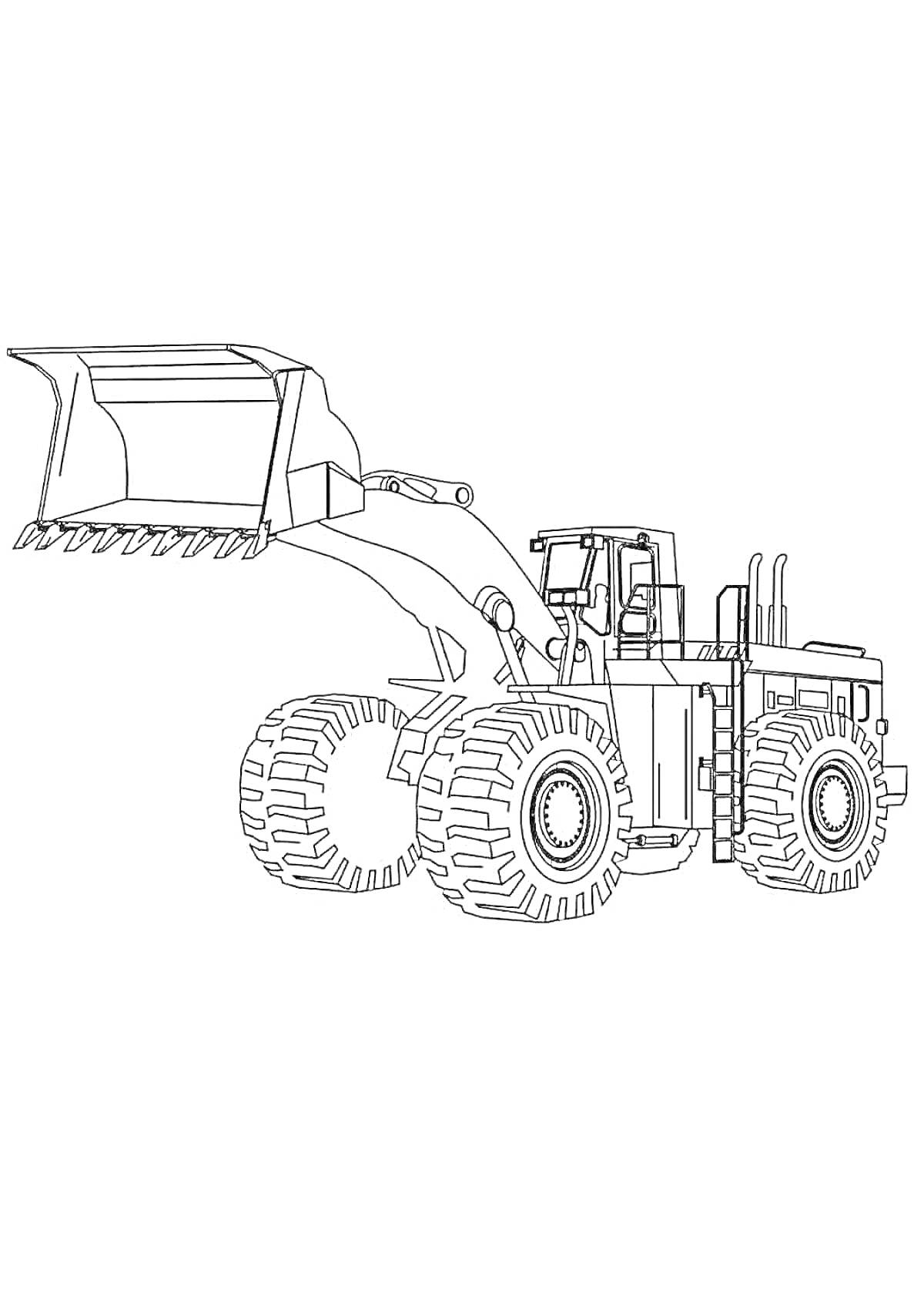 На раскраске изображено: Трактор, Погрузчик, Ковш, Большие колеса, Тяжелая техника, Строительная техника, Контурные рисунки