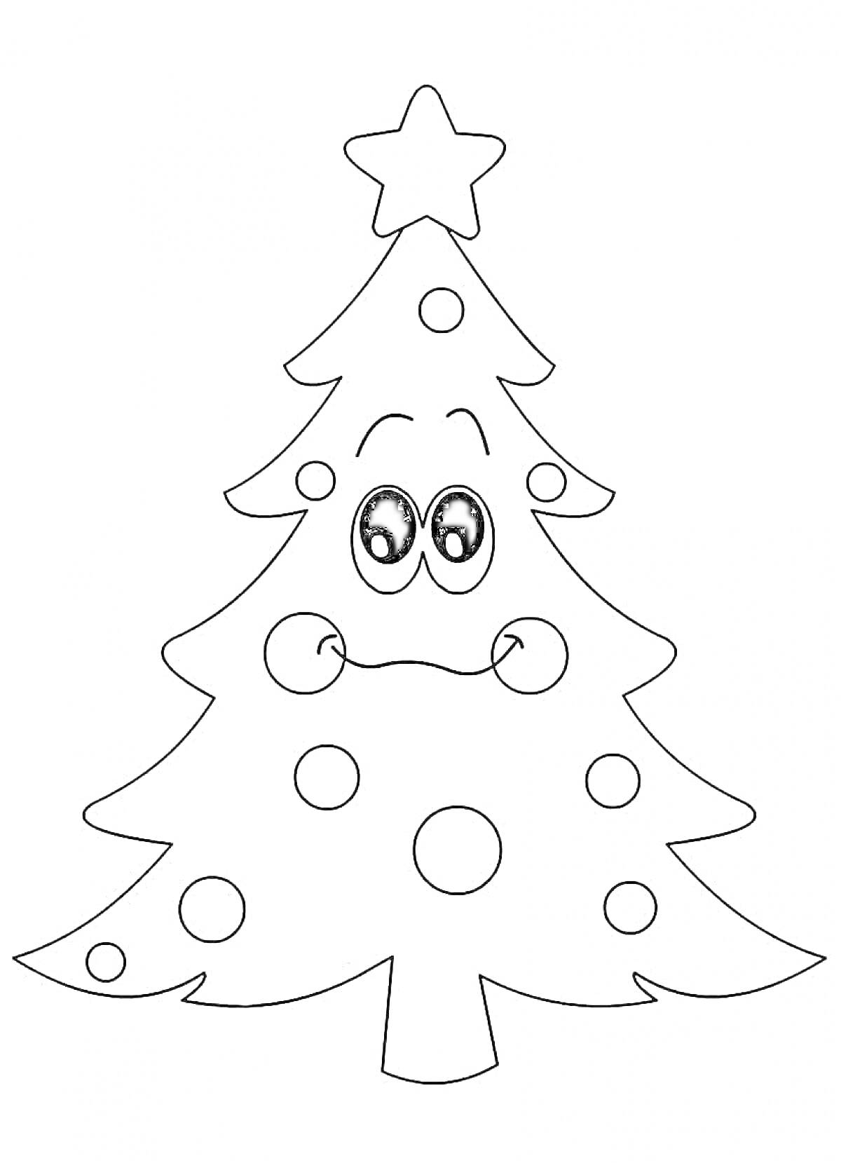 На раскраске изображено: Новогодняя елка, Украшения, Круги, Улыбка, Большие глаза, Для детей 5-6 лет