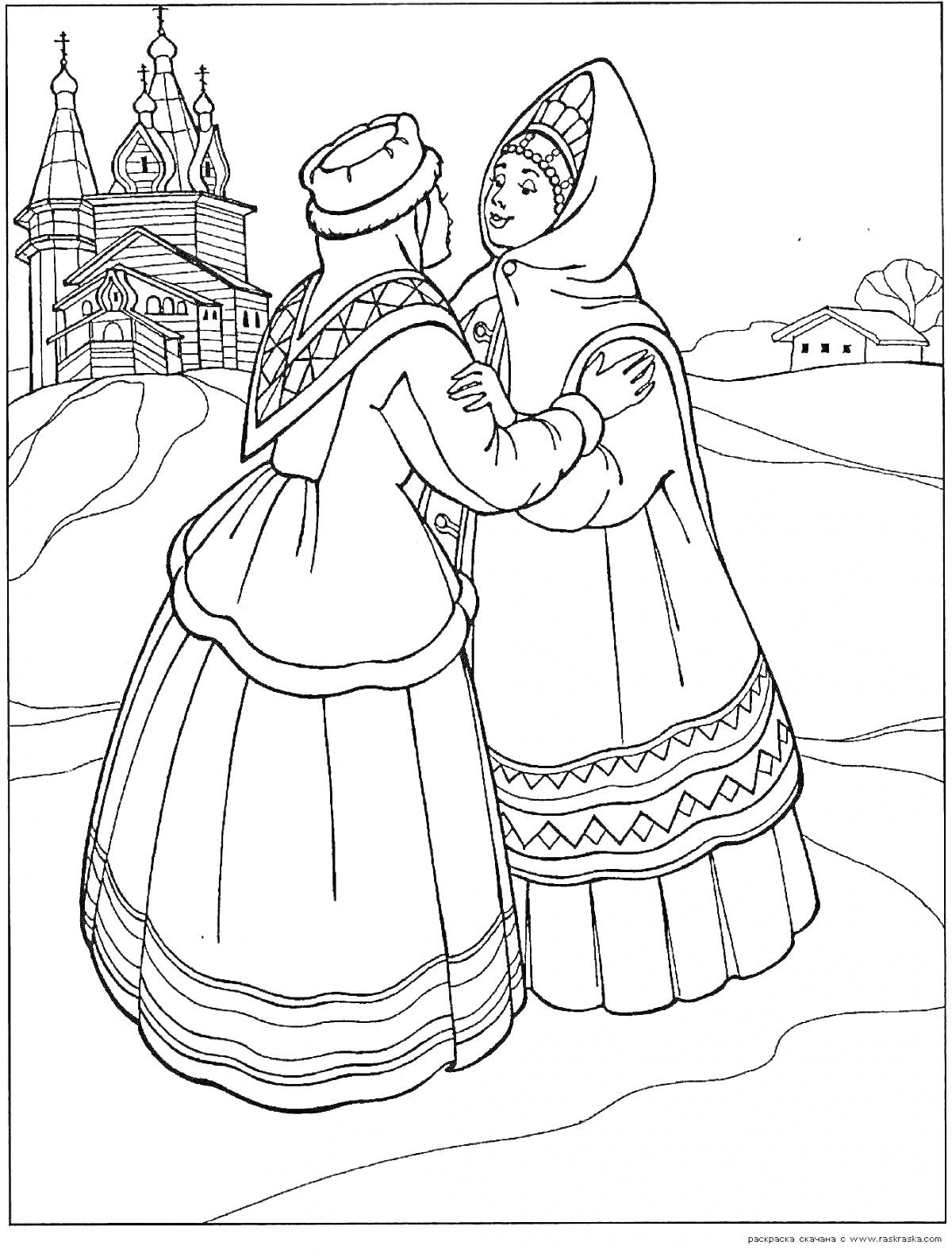 Раскраска Две женщины в традиционной одежде на фоне деревянной церкви и снежного пейзажа