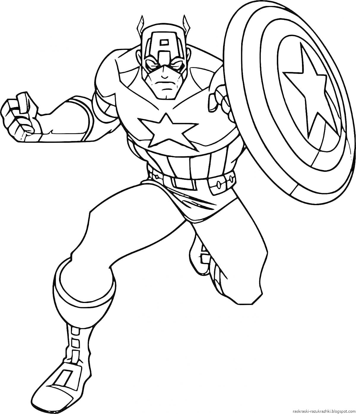 Раскраска Капитан Америка с щитом и звездой, в атакующей позе