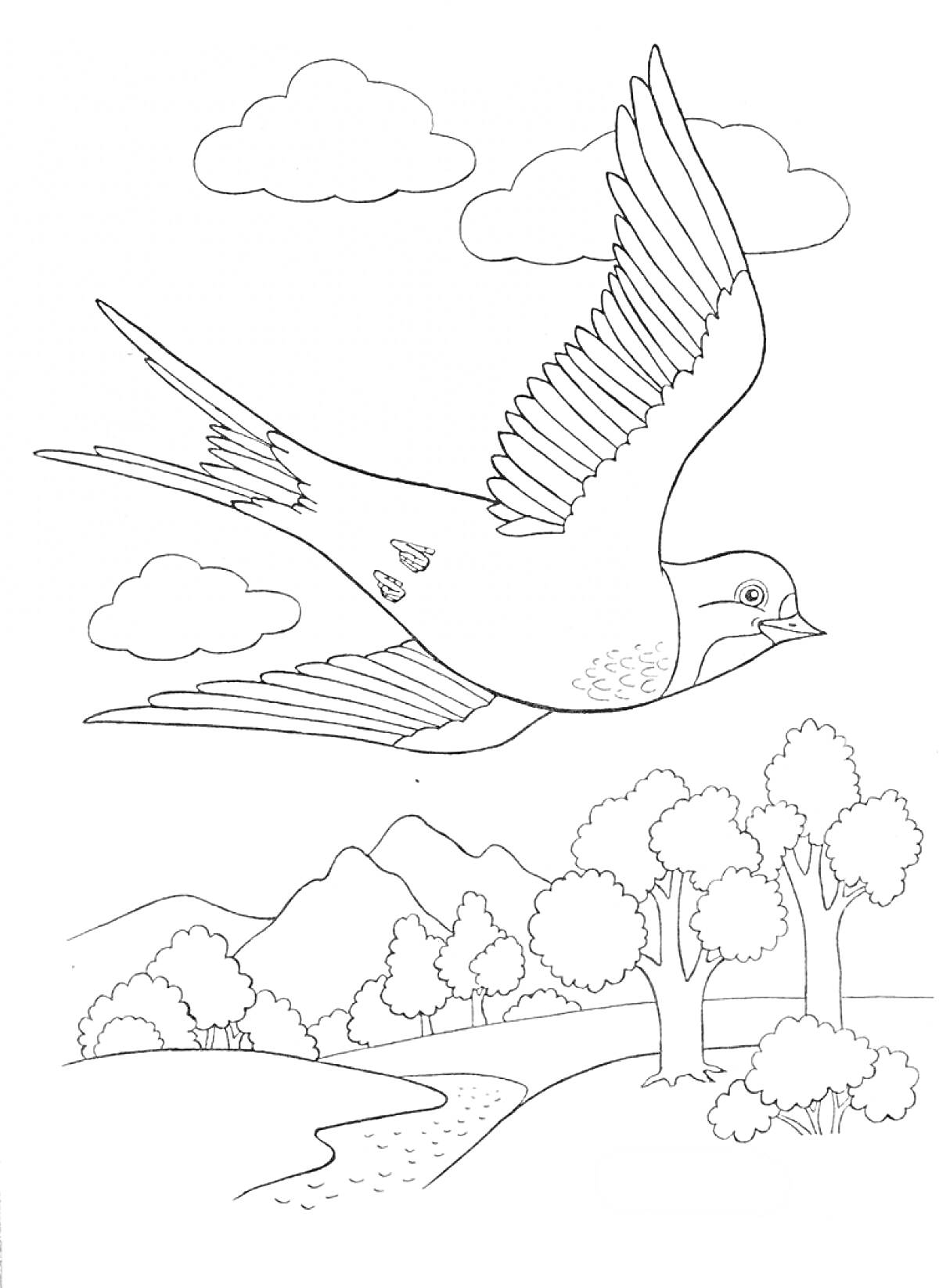 Раскраска Ласточка, летящая над пейзажем с горами, деревьями, рекой и облаками