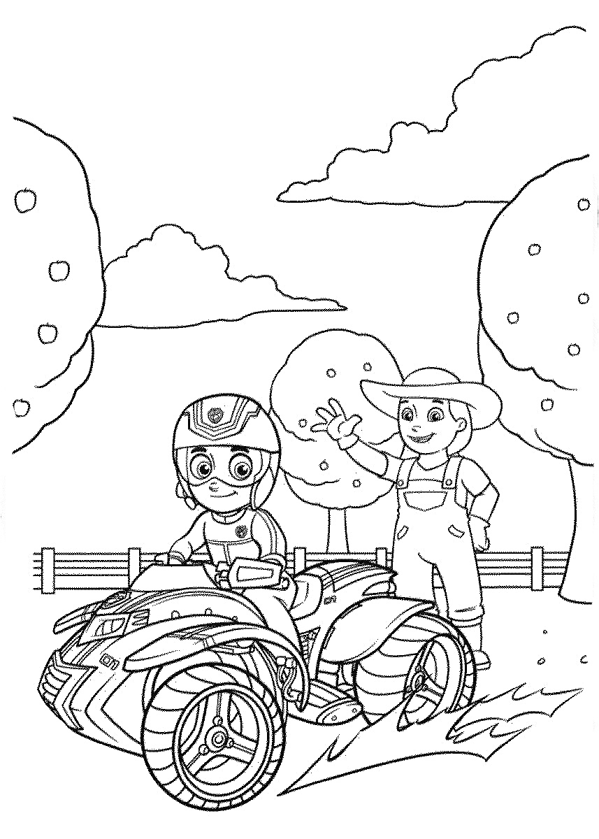 Раскраска Человек на квадроцикле, машущий человек в шляпе, забор, деревья, облака