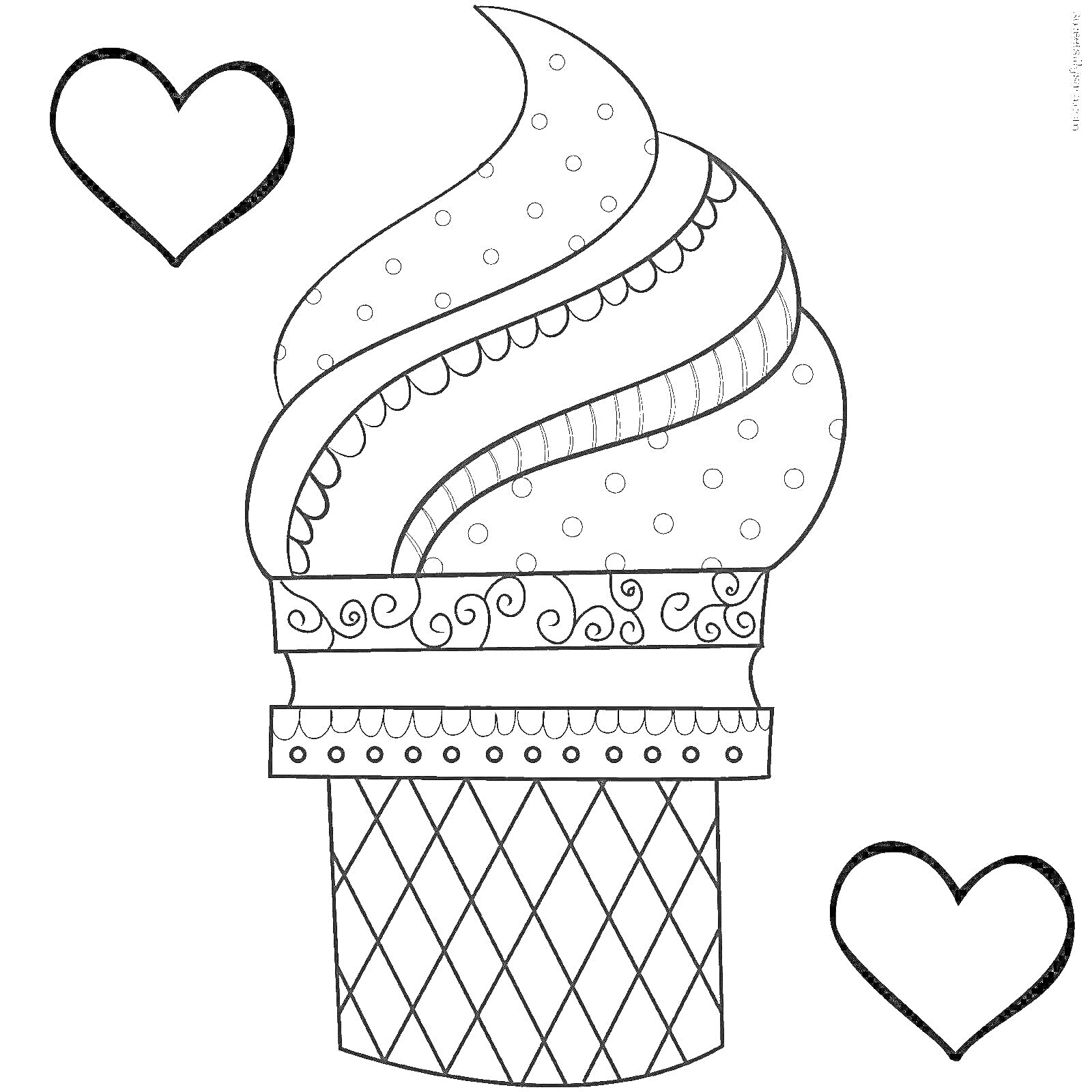 На раскраске изображено: Мороженое, Вафельный рожок, Узоры, Сердца, Антистресс