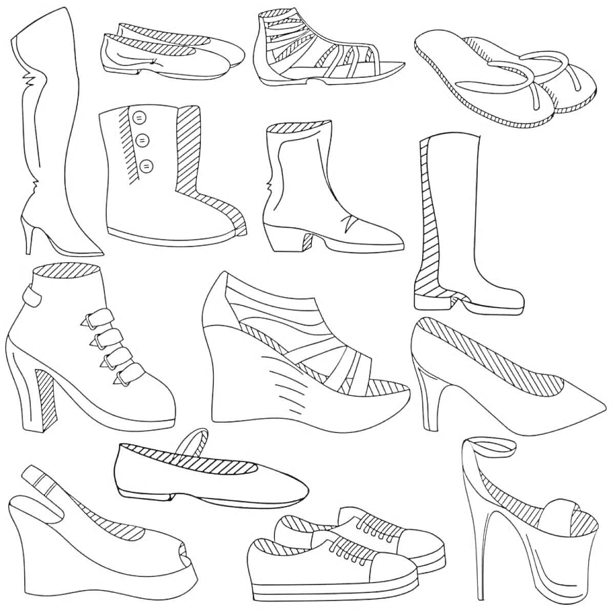 На раскраске изображено: Обувь, Сапоги, Ботинки, Туфли, Босоножки, Кеды, Балетки, Обувь для детей, Обувь на платформе