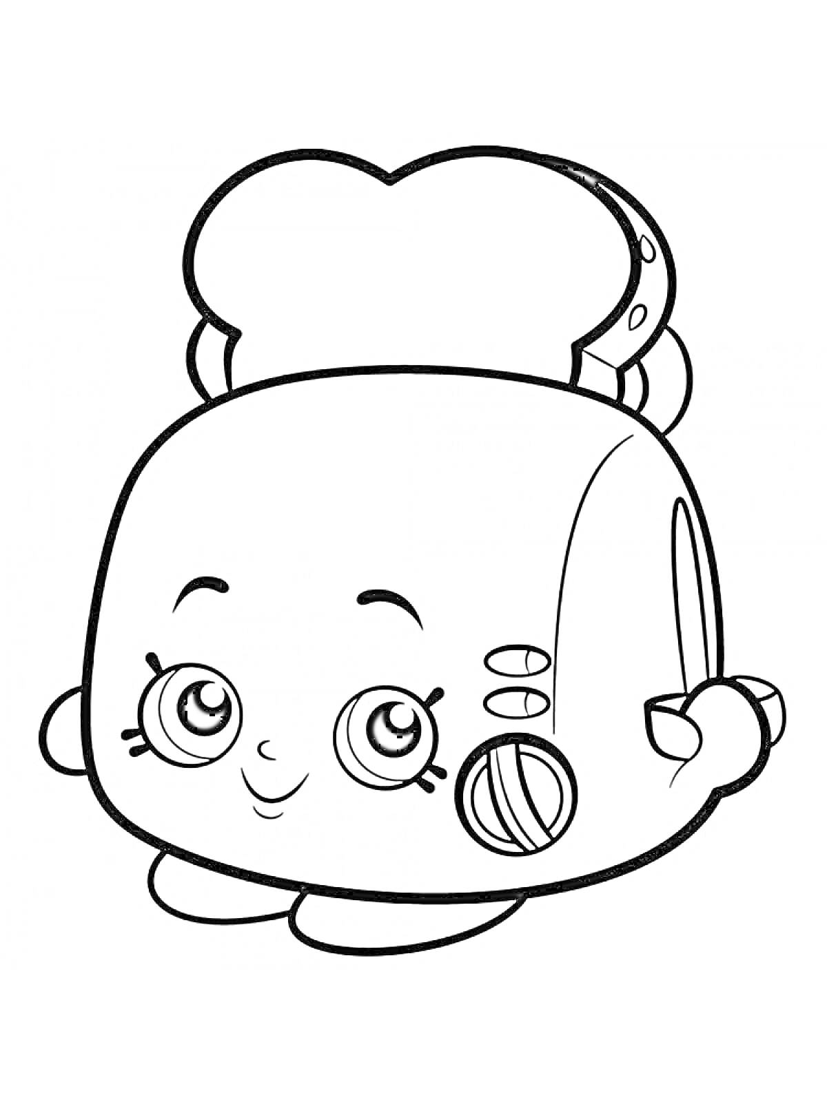 Раскраска Сквиши-тостер с тостом, улыбающееся лицо, большие глаза с ресницами