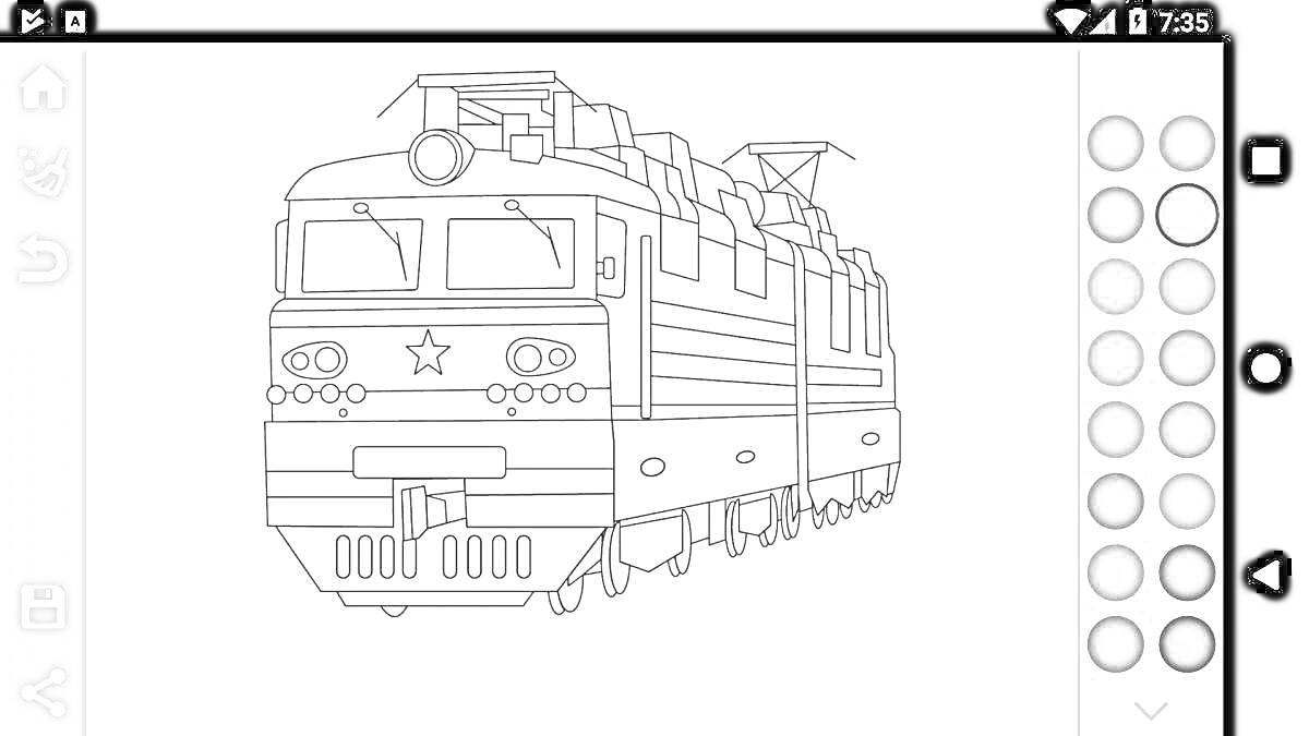 На раскраске изображено: Поезд, Локомотив, Вагоны, Железная дорога, Транспорт, Рельсы
