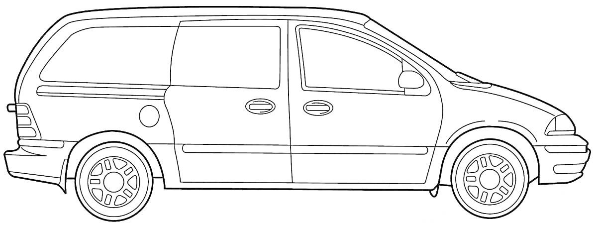 На раскраске изображено: Минивэн, Транспорт, Колёса, Зеркало заднего вида