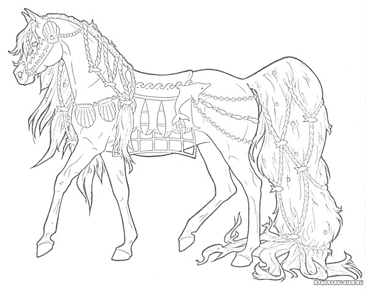 Раскраска Лошадь с длинной гривой и хвостом, украшенная лентами и декоративными элементами