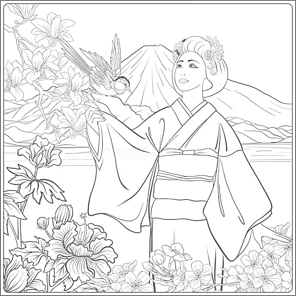 На раскраске изображено: Япония, Цветы, Птица, Природа, Традиционная одежда, Японская культура, Горы
