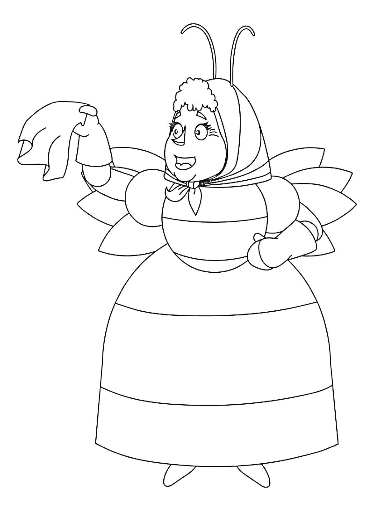 Баба Капа в головном платке и полосатом платье с платком в руке
