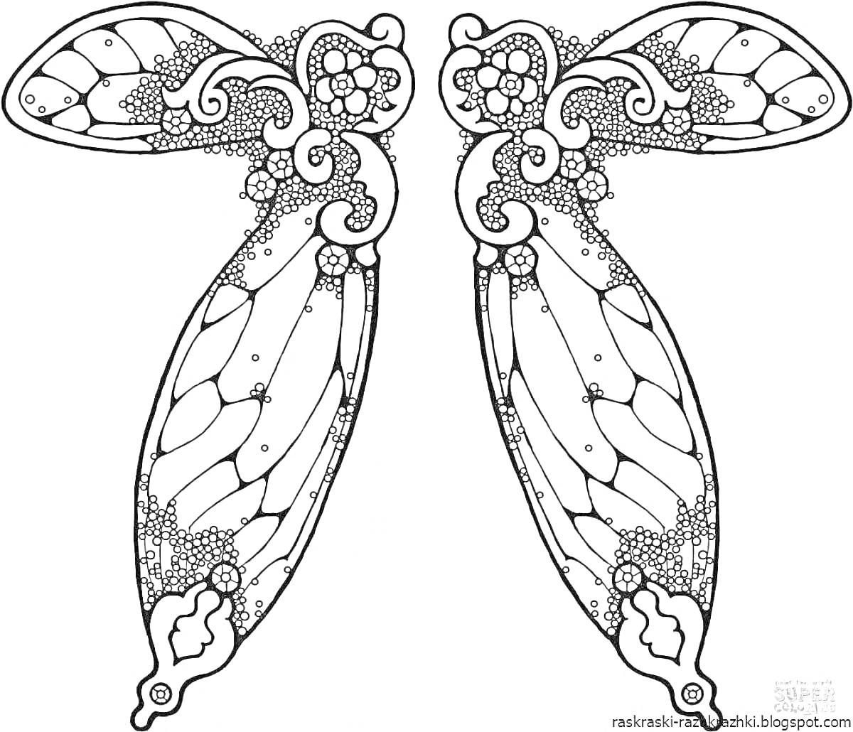 Раскраска Фантазийные крылья с узорами, цветами и узелками