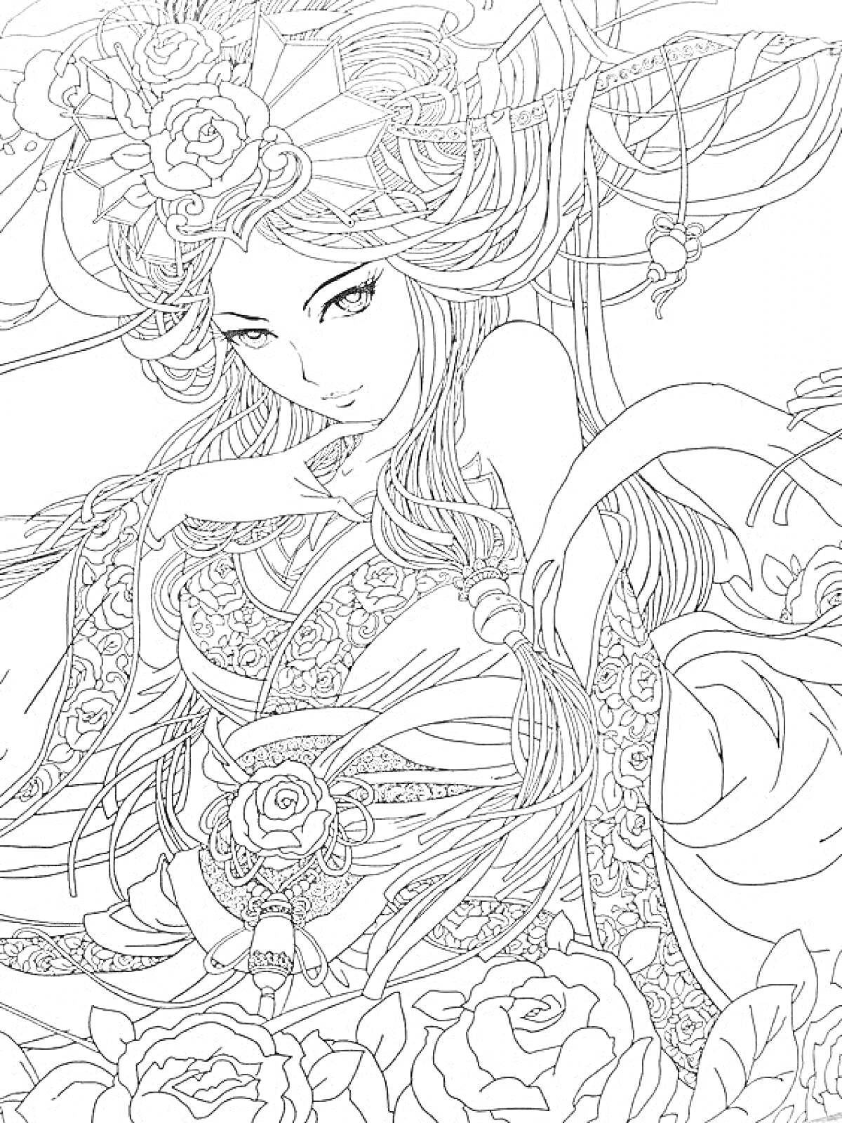 Раскраска Девушка в платье с цветами и узорами, с цветочной короной и длинными волосами