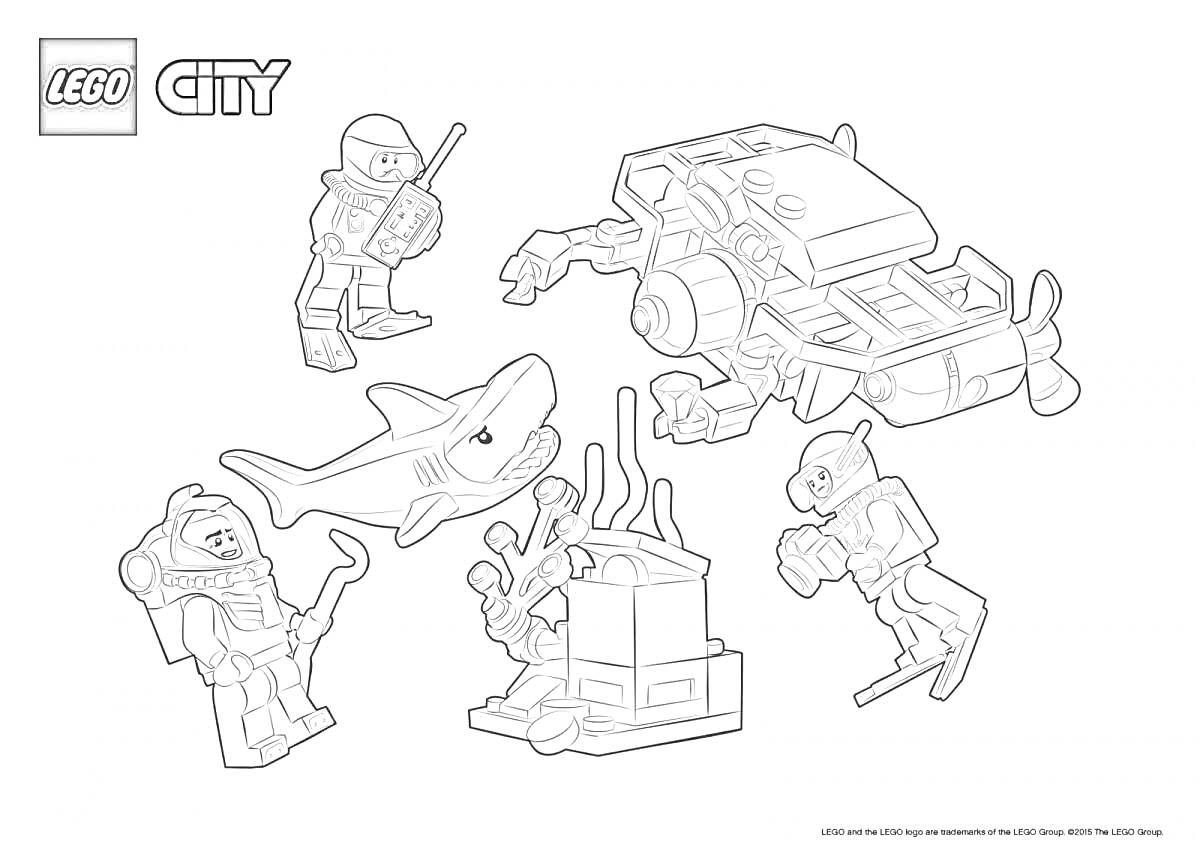 На раскраске изображено: Lego city, Сундук с сокровищами, Подводное исследование, Морские приключения