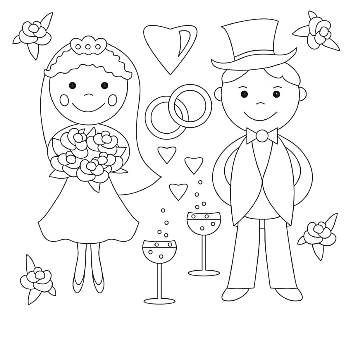 Раскраска Жених и невеста, цветы, обручальные кольца, сердечки, бокалы с шампанским