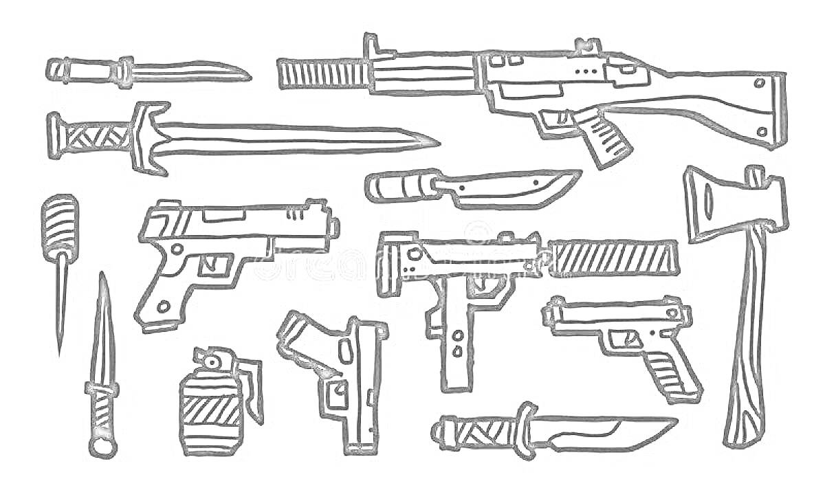 Раскраска Набор оружия из игры StandOff 2: винтовка, штык, пистолеты, нож, граната, нейлона, топор