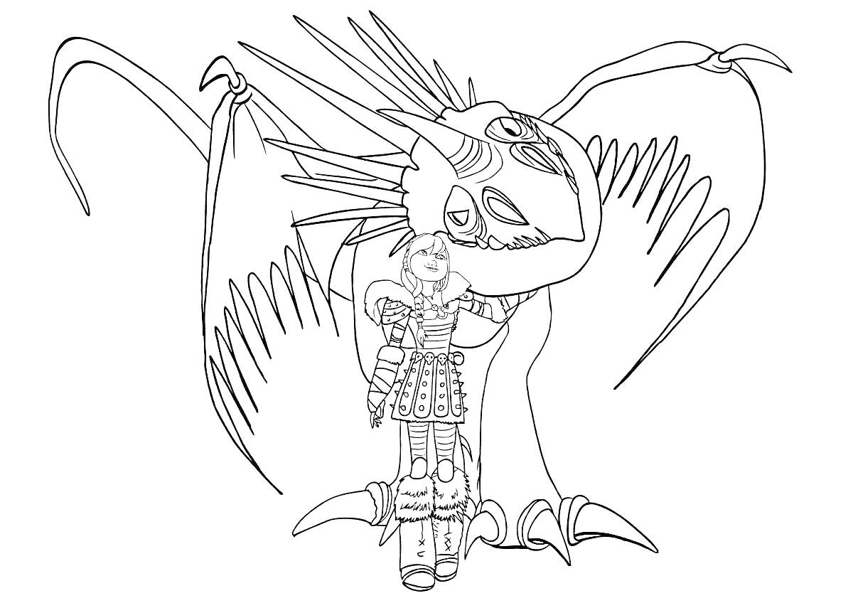 Раскраска Человек в доспехах с топором и драконом с большими крыльями