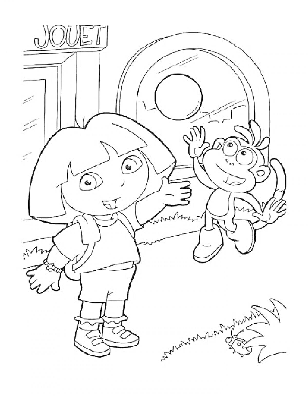 Раскраска Девочка с короткими волосами и рюкзаком около здания с большой аркой и обезьяна, радостно машущая