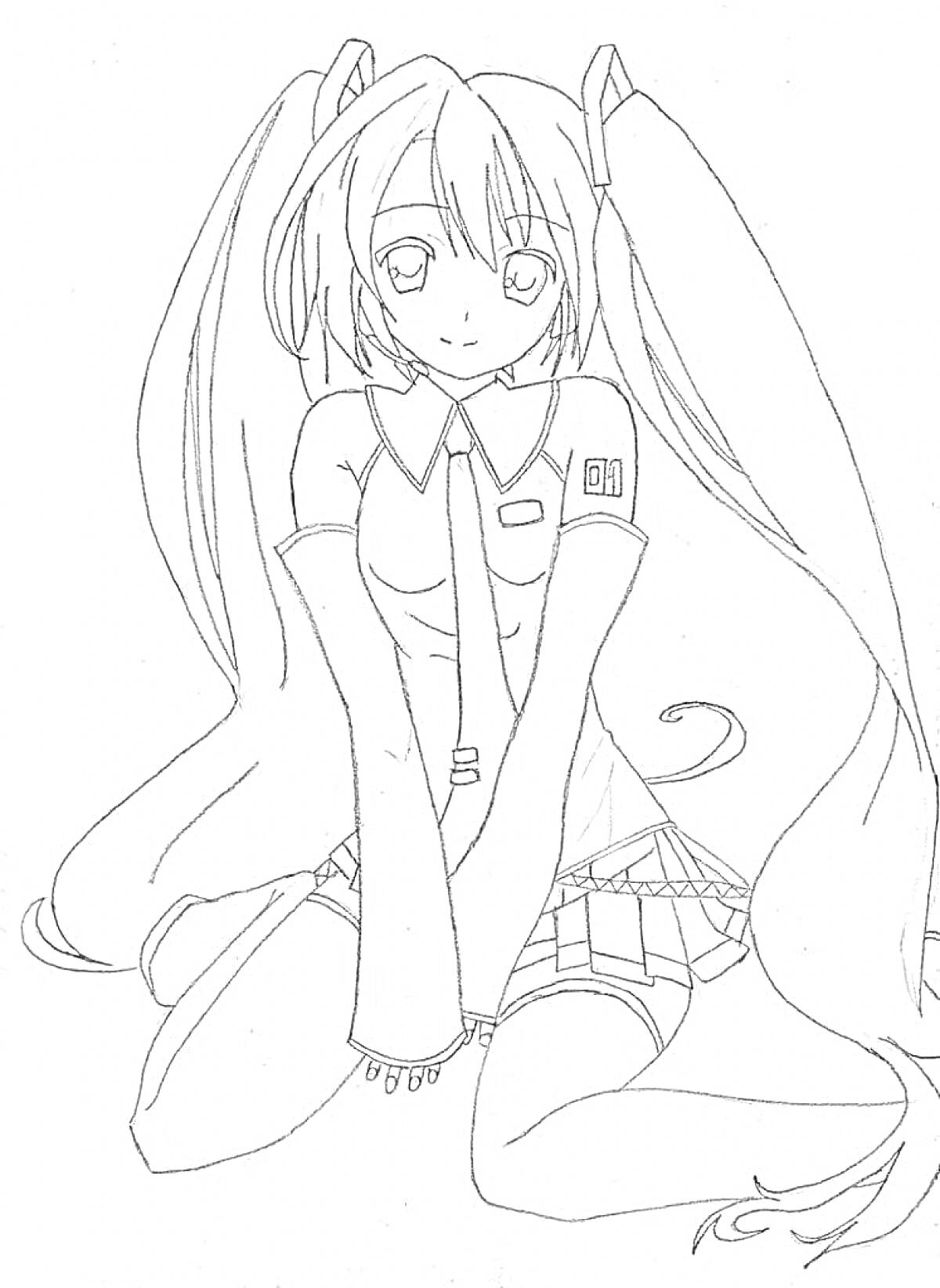 Раскраска Хацунэ Мику сидит на коленях в школьной одежде, длинные волосы в хвостах