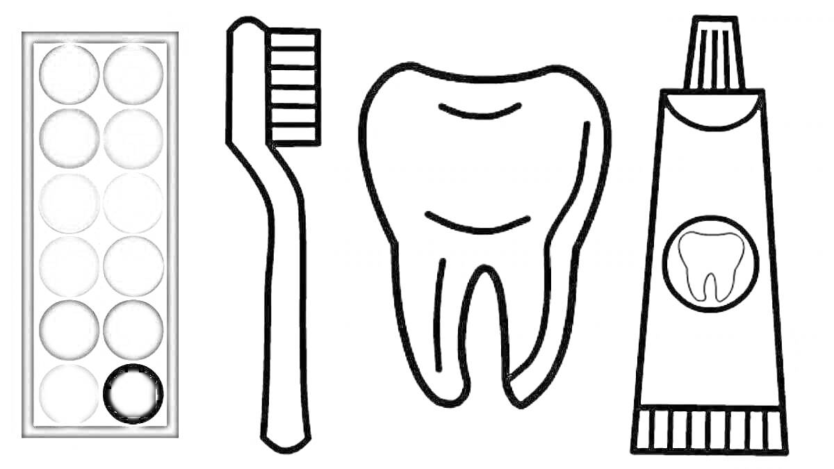 На раскраске изображено: Зубная щетка, Зубная паста, Тюбик, Палитра, Здоровье, Гигиена, Уход за зубами