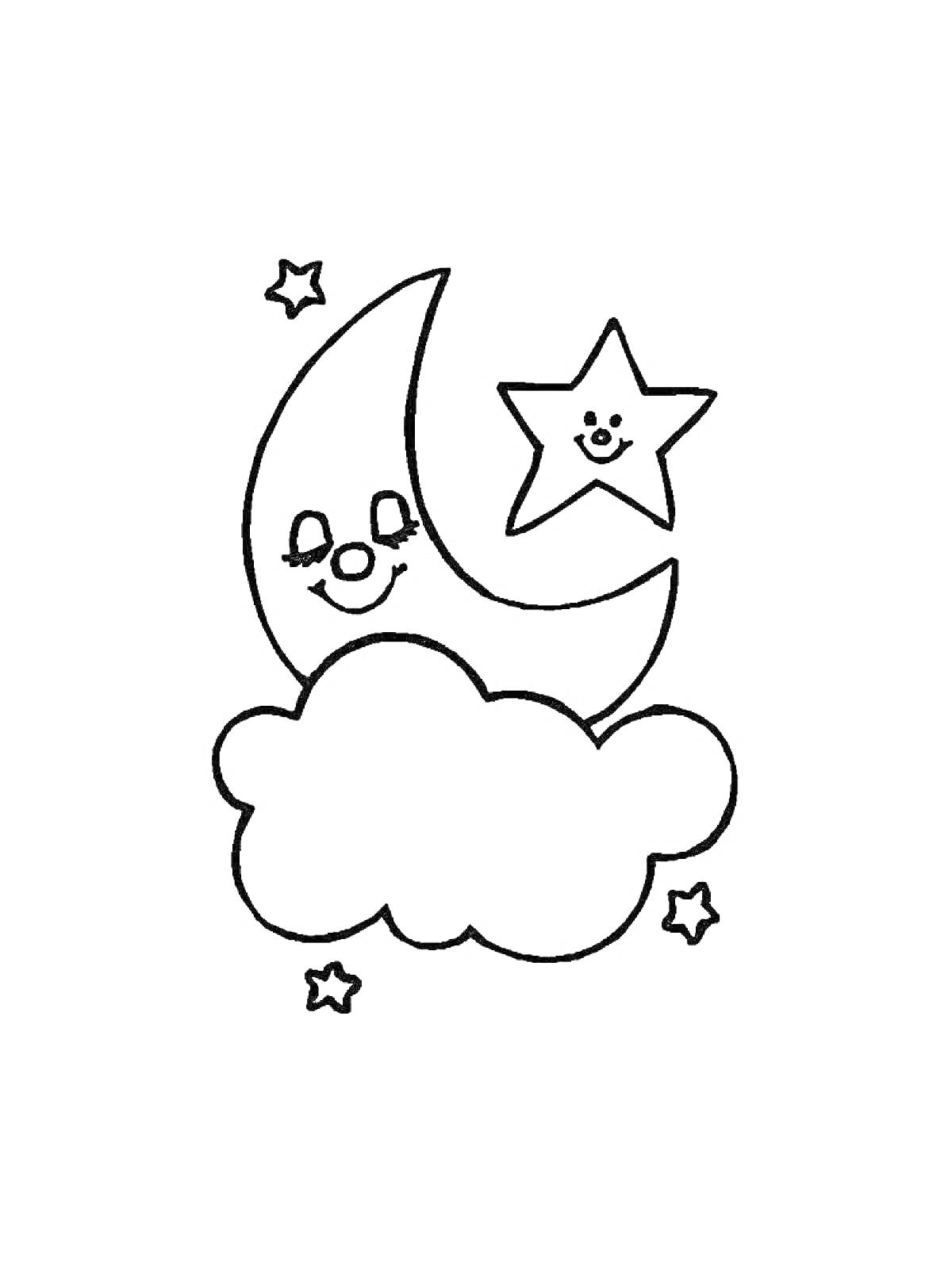 Раскраска Улыбающийся месяц, звезда и облако