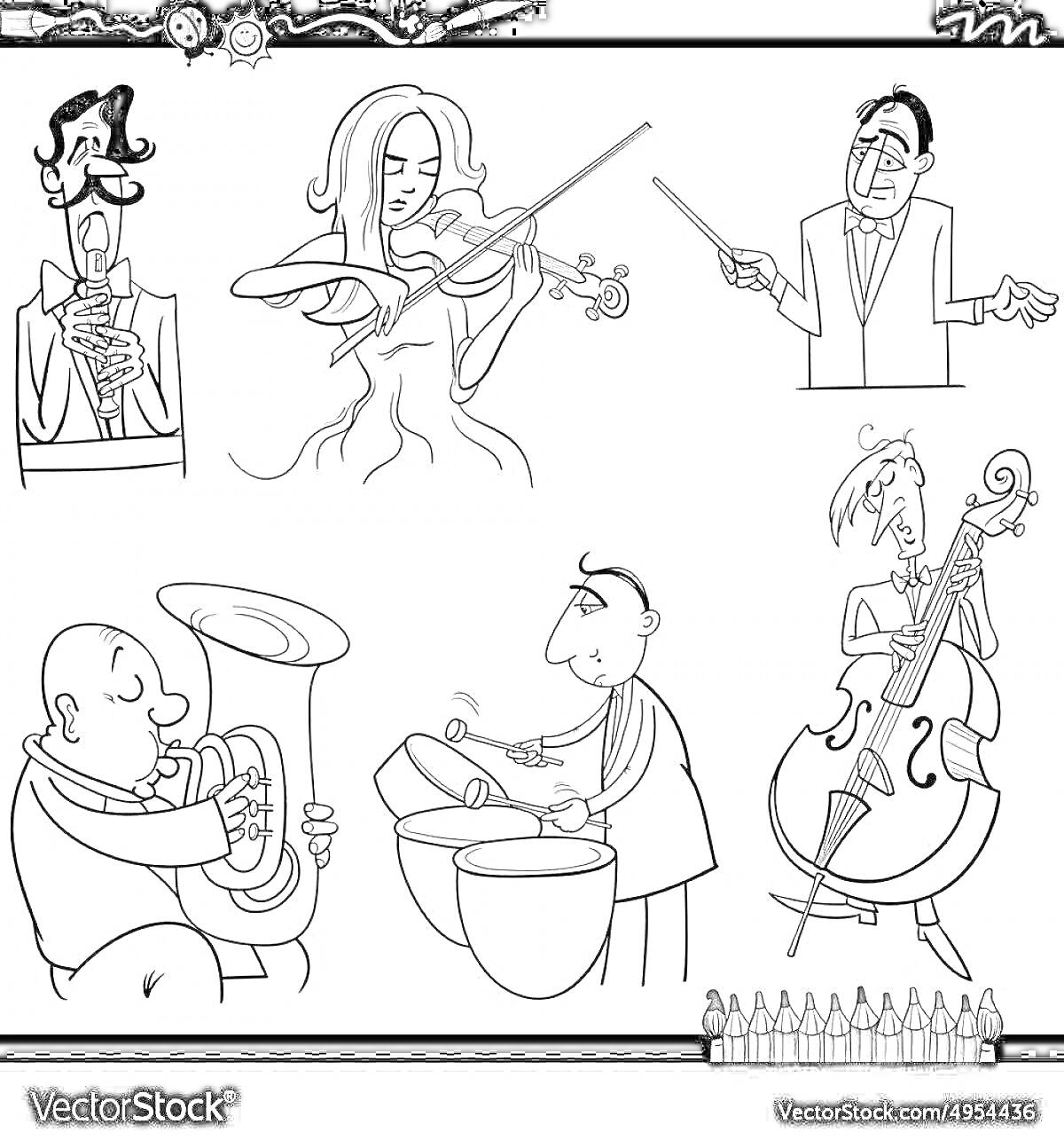 На раскраске изображено: Оркестр, Музыкальные инструменты, Музыка, Кларнет, Виолончель, Дирижер, Тромбон, Контрабас