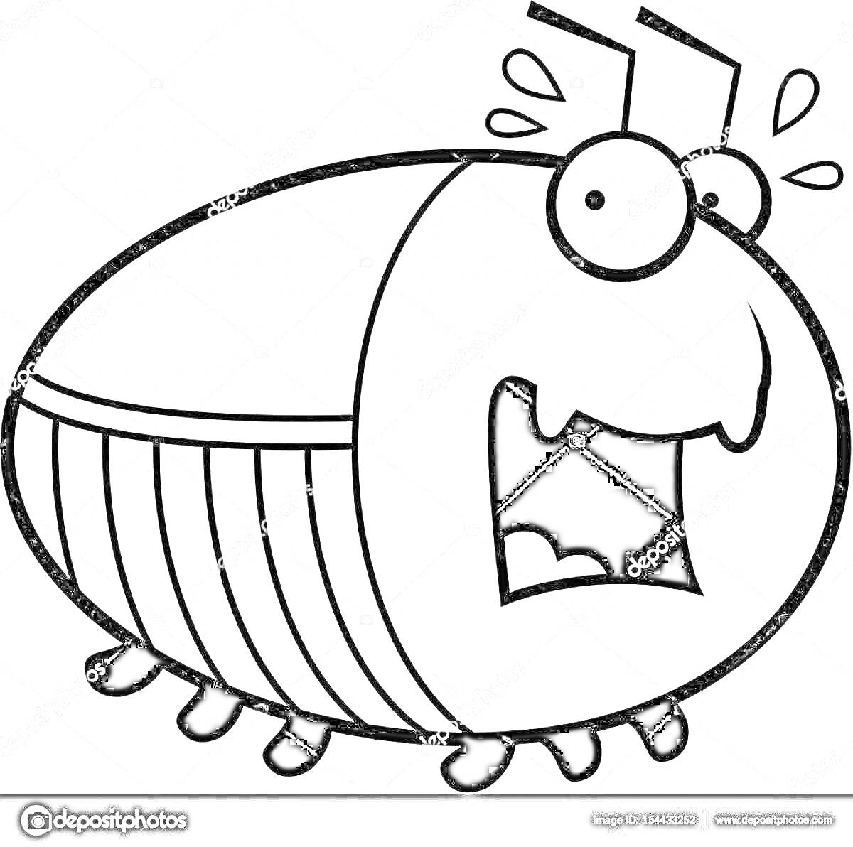 Раскраска Забавный таракан с испуганным выражением лица, капельки пота и антенны