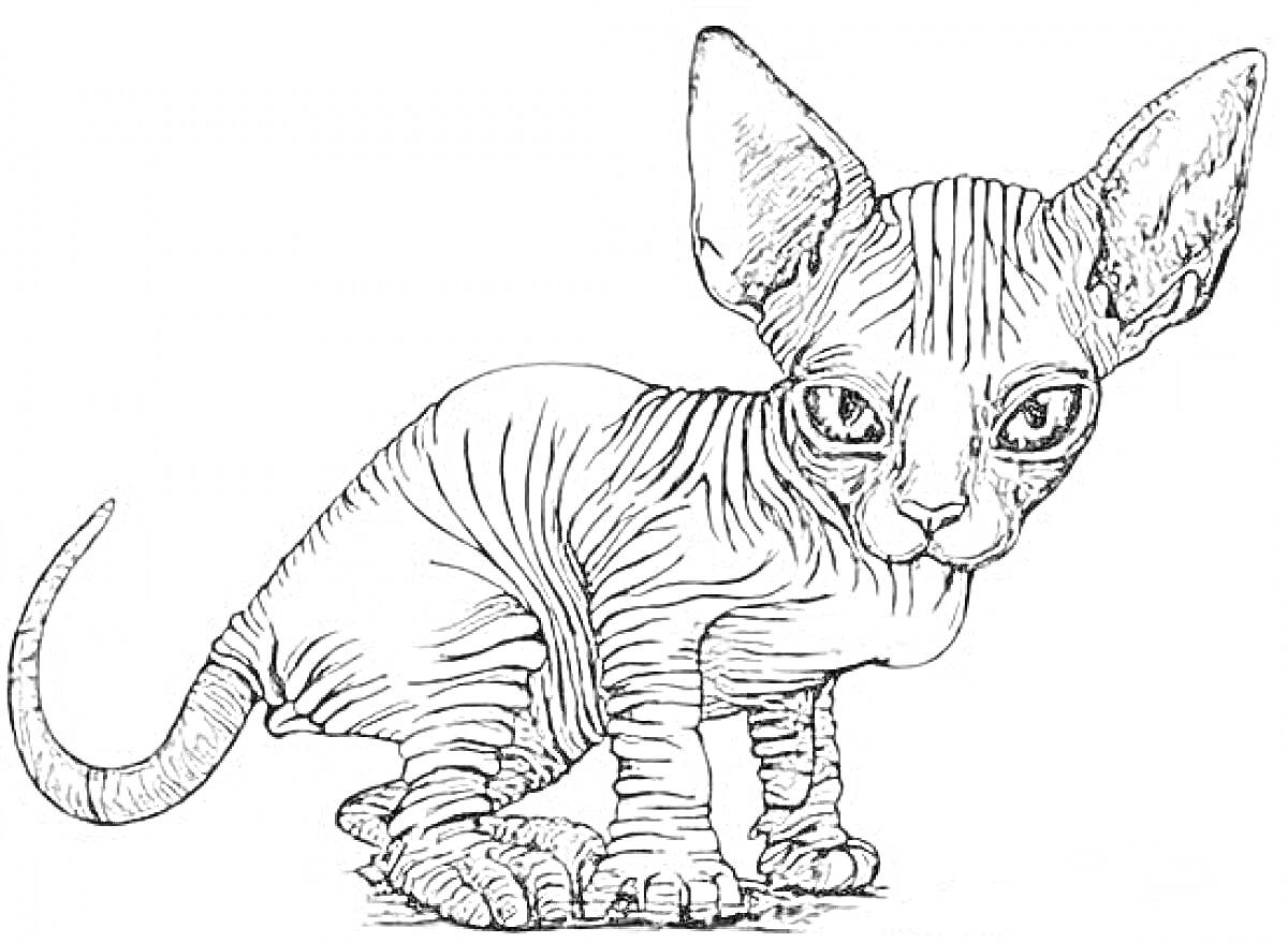 Котенок сфинкс с большими ушами, складками кожи и длинным хвостом
