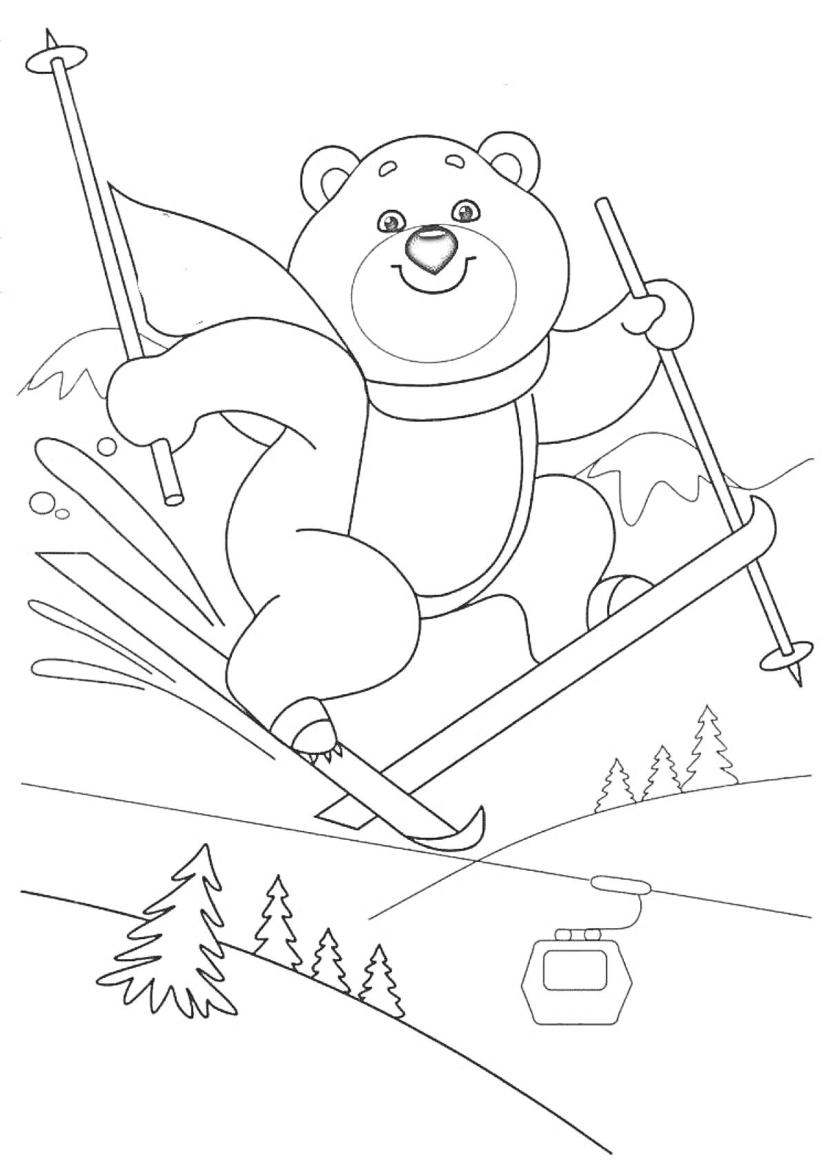 На раскраске изображено: Медведь, Лыжи, Зимние виды спорта, Снег, Горы