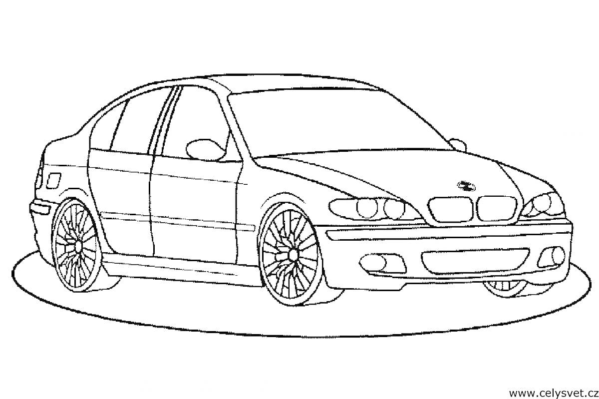 Раскраска Легковой автомобиль BMW на круглом основании. Габариты и детали автомобиля, включая фары, двери, колеса и диски, прорисованы.