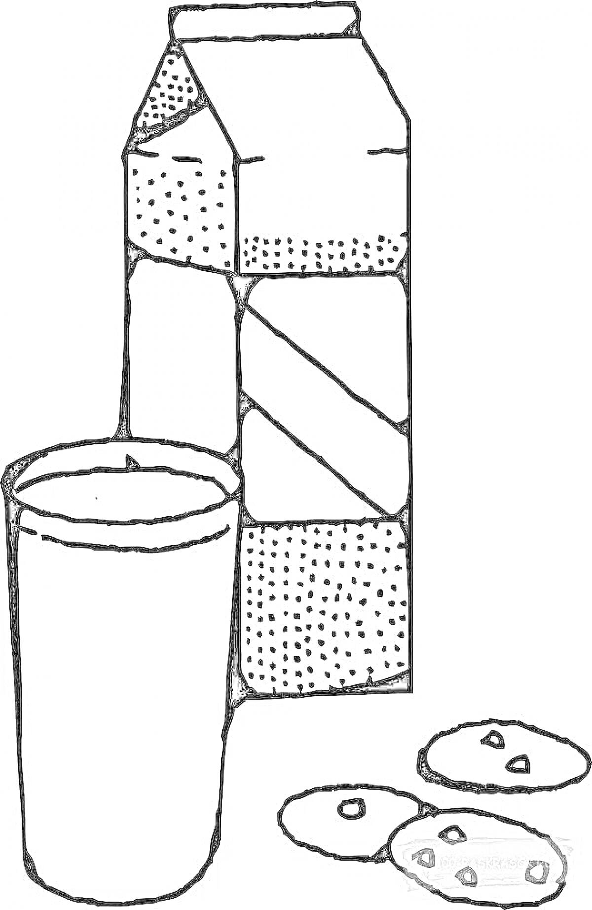 Раскраска Пакет кефира, стакан с кефиром и три печенья