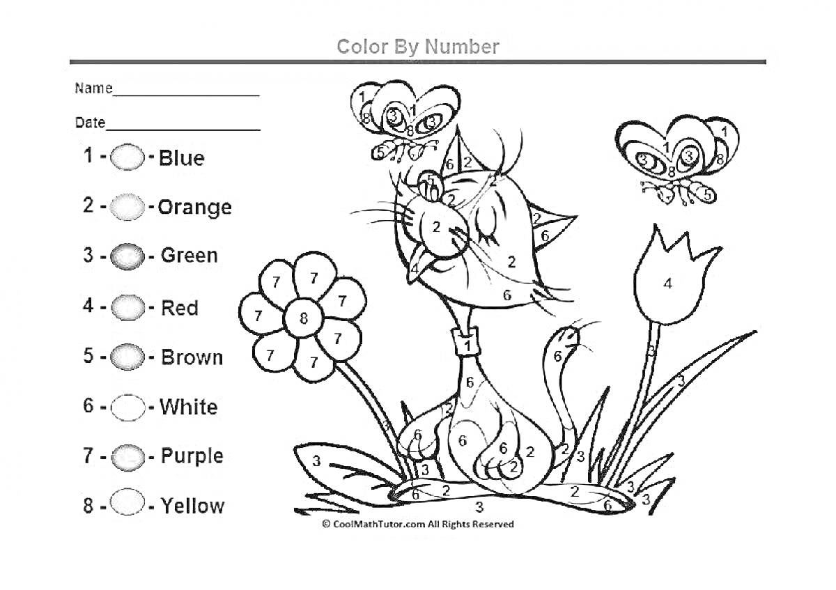 Картинка с котом, цветком, бабочками и травой по номерам для раскрашивания.