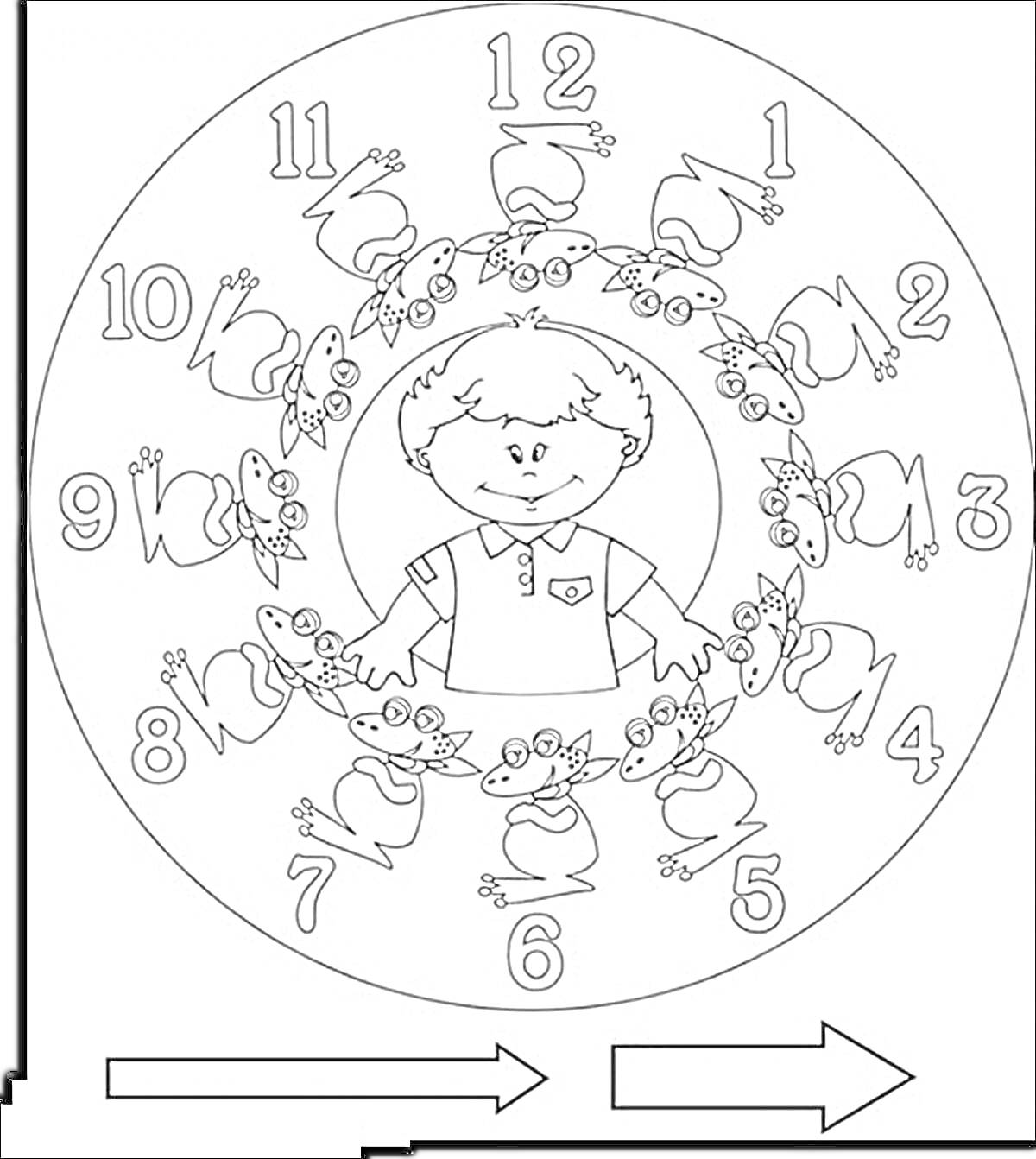 Раскраска Часы с мальчиком в центре и бегущими зайчиками вокруг, циферблат с числами от 1 до 12, стрелки, обозначающие направление
